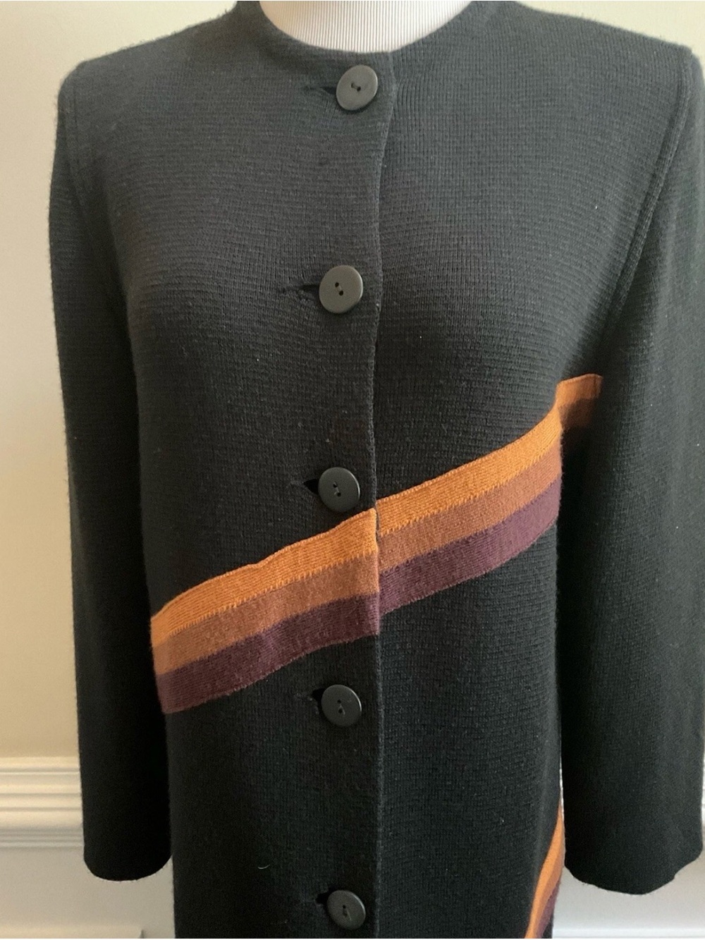 Magic Black Cardigan with Orange and Plum Stripes